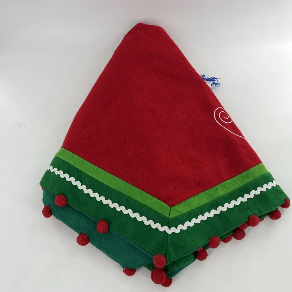 Vintage Felt Christmas Tree Skirt Table‎ Cover 3D Snowman Pom Embroider Applique